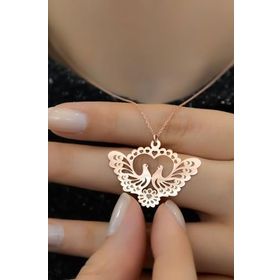 Papatya Silver 925 Ayar Gümüş Rose Kaplama Desenli Çifte Kumrular Kadın Kolye