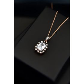 Papatya Silver 925 Ayar Gümüş Rose Kaplama Elmas Montür Kare Kolye