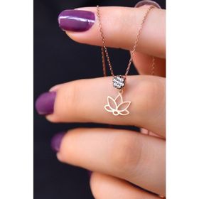 Papatya Silver 925 Ayar Gümüş Rose Kaplama Elmas Montürlü Lotus Kolye