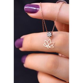 Papatya Silver 925 Ayar Gümüş Rose Kaplama Elmas Montürlü Lotus Kolye
