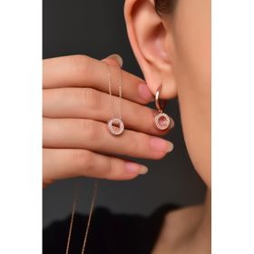 Papatya Silver 925 Ayar Gümüş Rose Kaplama İncili Yuvarlak Kolye ve Küpe Set