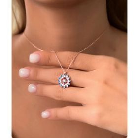 Papatya Silver 925 Ayar Gümüş Rose Kaplama Mavi Mineli Papatya Kolye