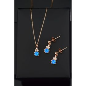 Papatya Silver 925 Ayar Gümüş Rose Kaplama Mavi Opal Yuvarlak Kolye ve Çiftli Küpe