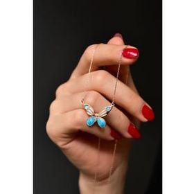 Papatya Silver 925 Ayar Gümüş Rose Kaplama Mavi Sedef Mineli Kelebek Kolye