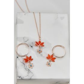 Papatya Silver 925 Ayar Gümüş Rose Kaplama Parlayan Rüya Serisi Tasarım Ebruli Cam Boyamalı Lotus Kolye ve Küpe Set