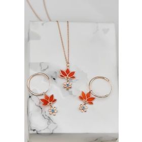 Papatya Silver 925 Ayar Gümüş Rose Kaplama Parlayan Rüya Serisi Tasarım Ebruli Cam Boyamalı Lotus Kolye ve Küpe Set