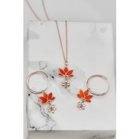 Papatya Silver 925 Ayar Gümüş Rose Kaplama Parlayan Rüya Serisi Tasarım Ebruli Cam Boyamalı Lotus Kolye ve Küpe Set