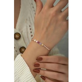 Papatya Silver 925 Ayar Gümüş Rose Kaplama Renkli Baget Taşlı Su Yolu Bileklik