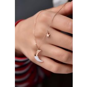Papatya Silver 925 Ayar Gümüş Rose Kaplama Sedef Ay Yıldız Kolye