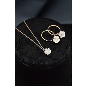 Papatya Silver 925 Ayar Gümüş Rose Kaplama Sedef Manolya Çiçeği Kolye ve Halka Küpe Set