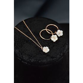 Papatya Silver 925 Ayar Gümüş Rose Kaplama Sedef Manolya Çiçeği Kolye ve Halka Küpe Set