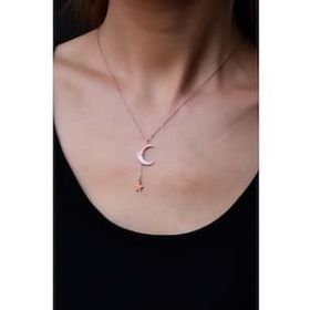 Papatya Silver 925 Ayar Gümüş Rose Kaplama Sedef Mineli Hilal Kayan Yıldız Halka Kolye