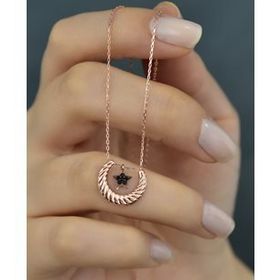 Papatya Silver 925 Ayar Gümüş Rose Kaplama Siyah Taşlı Yıldız Detaylı Çizgili Hilal Kolye