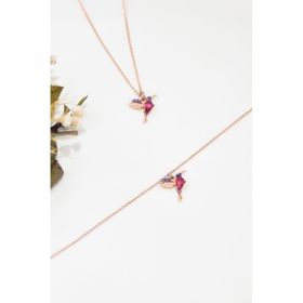 Papatya Silver 925 Ayar Gümüş Rose Kaplama Taşlı Kuş Kolye Bileklik Set