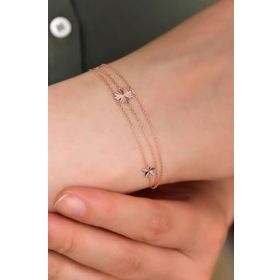 Papatya Silver 925 Ayar Gümüş Rose Kaplama Tek Yonca İki Yıldız Kristal Kesim Üç Zincir Bileklik