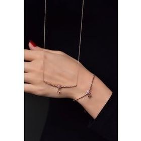 Papatya Silver 925 Ayar Gümüş Rose Kaplama Top Motifli Pembe Ay Taşı Kırlangıç Kolye ve Küpe Set