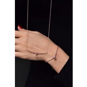 Papatya Silver 925 Ayar Gümüş Rose Kaplama Top Motifli Pembe Ay Taşı Kırlangıç Kolye ve Küpe Set