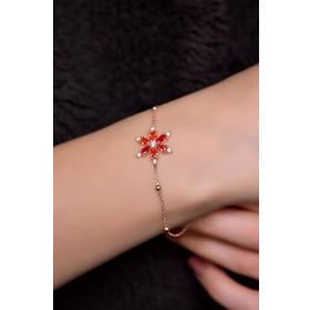 Papatya Silver 925 Ayar Gümüş Rose Kaplama Top Zincirli, Turuncu Kamelya Çiçeği Bileklik