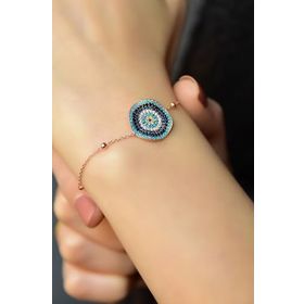 Papatya Silver 925 Ayar Gümüş Rose Kaplama Top Zincirli, Zirkon Taşlı Dalgalı Nazar Bileklik