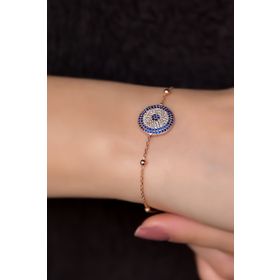 Papatya Silver 925 Ayar Gümüş Rose Kaplama Top Zincirli, Zirkon Taşlı Nazar Bileklik