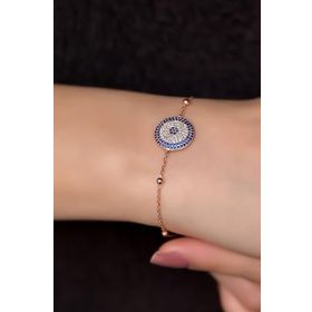 Papatya Silver 925 Ayar Gümüş Rose Kaplama Top Zincirli, Zirkon Taşlı Nazar Bileklik