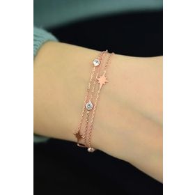 Papatya Silver 925 Ayar Gümüş Rose Kaplama Üç Zincirli Kutup Yıldızı Bileklik
