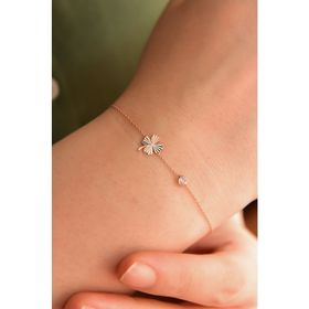 Papatya Silver 925 Ayar Gümüş Rose Kaplama Yonca Kristal Kesim Taşlı Tek Zincir Bileklik