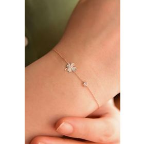Papatya Silver 925 Ayar Gümüş Rose Kaplama Yonca Kristal Kesim Taşlı Tek Zincir Bileklik