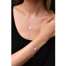 Papatya Silver 925 Ayar Gümüş Rose Kaplama Zincir Sallantılı Taşlı Sedef Manolya Çiçeği Kolye Ve Bileklik Set