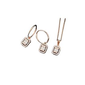 Papatya Silver 925 Ayar Gümüş Rose Kaplama Zirkon Kare Baget Taş Halka Küpe ve Tepelikli Baget Kare Taş Kolye Set