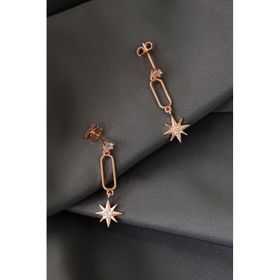 Papatya Silver 925 Ayar Gümüş Rose Kaplama Zirkon Taşlı Tek Taş Sallantılı Kutup Yıldızı Küpe