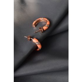 Papatya Silver 925 Ayar Gümüş Rose Kaplama Zirkon Taşlı Turuncu Mineli Desenli Halka Küpe