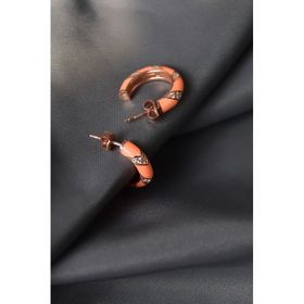 Papatya Silver 925 Ayar Gümüş Rose Kaplama Zirkon Taşlı Turuncu Mineli Desenli Halka Küpe