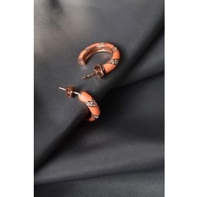 Papatya Silver 925 Ayar Gümüş Rose Kaplama Zirkon Taşlı Turuncu Mineli Desenli Halka Küpe