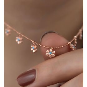 Papatya Silver 925 Ayar Gümüş Sıralı Top Zincirli Firuze Taşlı Papatya Kolye