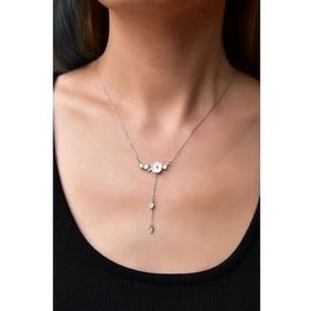 Papatya Silver 925 Ayar Gümüş Tasarım Zincir Sallantılı Beyaz Taşlı Sedef Manolya Çiçeği Rodyum Kolye