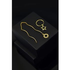 Papatya Silver 925 Ayar Gümüş Zincirli Telli Güneş ve Kalemli Yıldız Halka Küpe