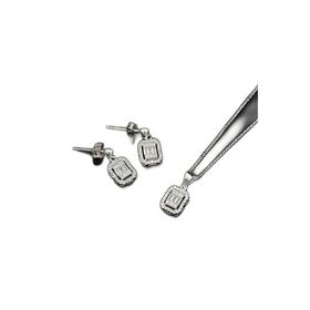 Papatya Silver 925 Ayar Gümüş Zirkon Baget Taşlı Çivili Küpe ve Tepelikli Baget Kare Taş Kolye Set
