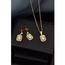 Papatya Silver 925 Ayar Gümüş Zirkon Baget Taşlı Çivili Küpe ve Tepelikli Baget Kare Taş Kolye Set