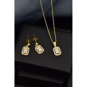 Papatya Silver 925 Ayar Gümüş Zirkon Baget Taşlı Çivili Küpe ve Tepelikli Baget Kare Taş Kolye Set