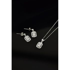 Papatya Silver 925 Ayar Gümüş Zirkon Baget Taşlı Çivili Küpe ve Tepelikli Baget Kare Taş Kolye Set