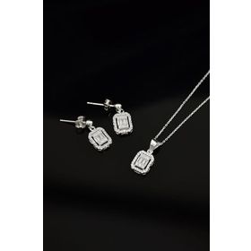 Papatya Silver 925 Ayar Gümüş Zirkon Baget Taşlı Çivili Küpe ve Tepelikli Baget Kare Taş Kolye Set