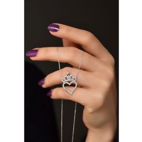 Papatya Silver 925 Ayar Gümüş Zirkon Taşlı Kalpli Kraliçe Tacı Rodyum Kolye