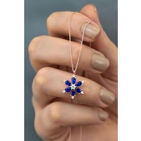 Papatya Silver 925 Ayar Lacivert Taşlı Kamelya Çiçeği Kadın Kadın Gümüş Kolye