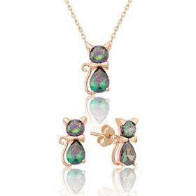 Papatya Silver 925 Ayar Mistik Topaz Taşlı Gümüş Kedi Küpe Kolye Set