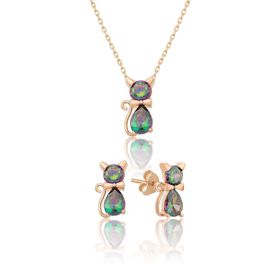 Papatya Silver 925 Ayar Mistik Topaz Taşlı Gümüş Kedi Küpe Kolye Set