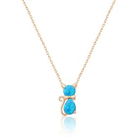 Papatya Silver 925 Ayar Opal Taşlı Kedi Rose Altın Kaplama Kadın Gümüş Kolye