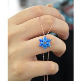 Papatya Silver 925 Ayar Orjinal Mavi Doğal Opal Taşlı Lotus Gümüş Kolye