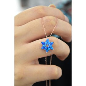 Papatya Silver 925 Ayar Orjinal Mavi Doğal Opal Taşlı Lotus Gümüş Kolye