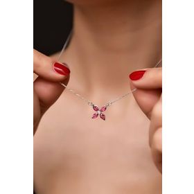 Papatya Silver 925 Ayar Rodyum Kaplama Fuşya Zirkon Taşlı Plumeria Kadın Gümüş Kolye